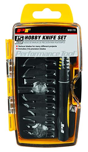 Performance Tool W9170 Precision Hobby Knife Set - 14 Blades for Various Projects with Comfortable Contoured Handle and Storage Case