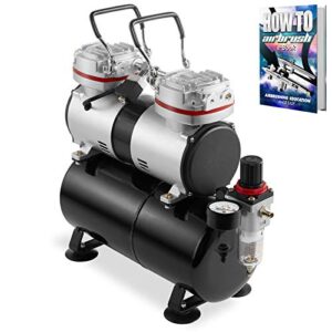 pointzero 1/3 hp double piston airbrush compressor with air tank, regulator, gauge and water trap - quiet professional pump black