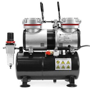 PointZero 1/3 HP Double Piston Airbrush Compressor with Air Tank, Regulator, Gauge and Water Trap - Quiet Professional Pump Black