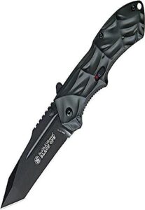 smith & wesson black ops swblop3t 7.7in s.s. assisted opening knife with 3.4in tanto point blade and aluminum handle for tactical, survival and edc