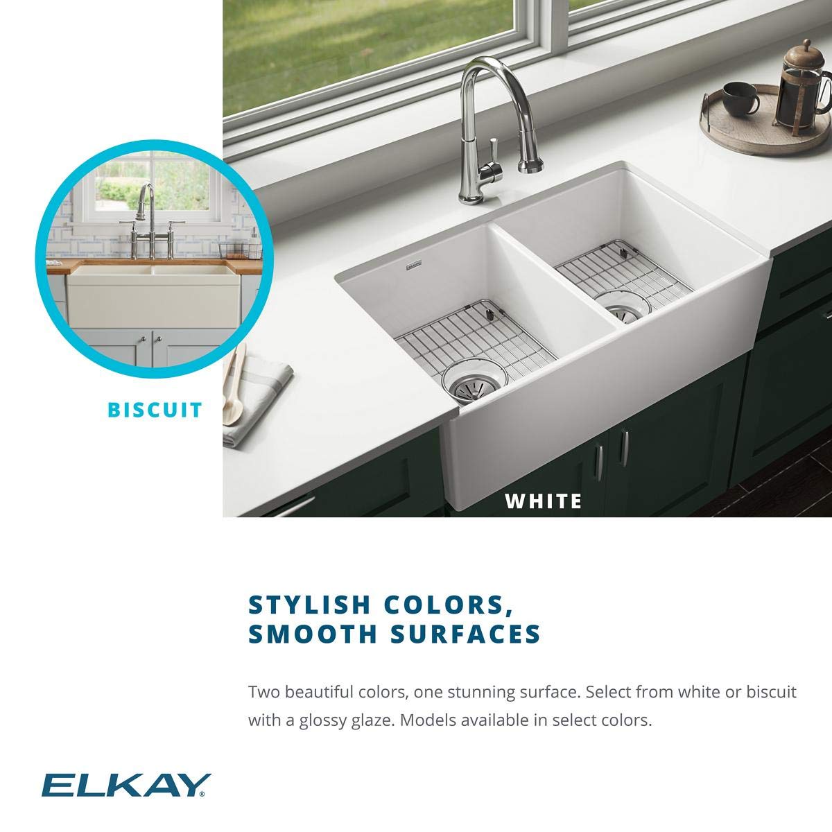 Elkay SWUF32189WH Fireclay Equal Double Bowl Farmhouse Sink, White