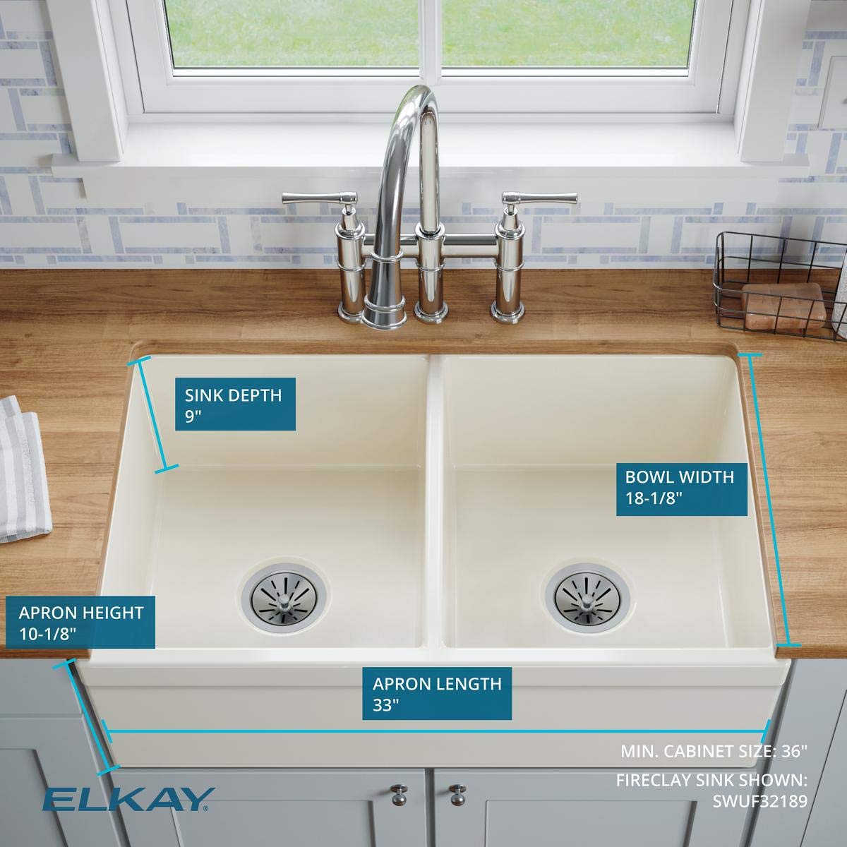 Elkay SWUF32189WH Fireclay Equal Double Bowl Farmhouse Sink, White