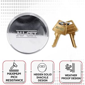 NU-Set 2-7/8 Inch Heavy Duty Solid Steel Hockey Puck Padlock with Hardened Reinforced Shackle for Superior Cut Resistance.Hidden Shackle Design Resists Pulling and Prying, Chrome Finish, 5373-3