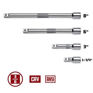 Powerbuilt 4 Piece Extension Bar Set, 3/8 Inch Drive, Socket Extender Bars, 1-3/4, 3, 6, and 8 Inch, Detent Ball, Grease Rings, Non-Slip Grip - 640844