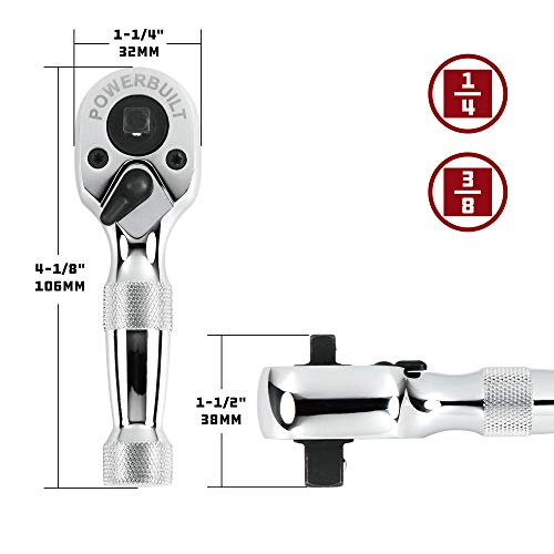 Powerbuilt Stubby Ratchet, Dual Head Ratchet, 1/4 Inch and 3/8 Inch Drive, Reversible Switch, 72 Tooth, Small Tight Space - 640931