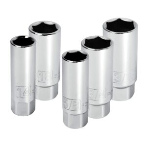 powerbuilt 3/8-inch drive spark plug socket set, 6 point, deep thin wall, 5 piece metric and sae - 640855, grey