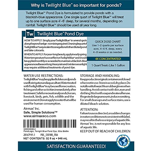 Airmax Twilight Blue Pond Dye Pond Dye, 4X Liquid Concentrate, Treats Like 1 Gallon, Ecofriendly, Clean & Clear Water, No Mixing & Easy to Use, Enhances Natural Color, Treats up to 1 Acre, 1 Quart