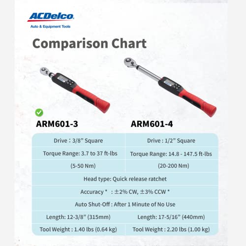 ACDelco ARM601-3 3/8” (3.7 to 37 ft-lbs.) Digital Torque Wrench with Buzzer and LED Flash Notification – ISO 6789 Standards with Certificate of Calibration