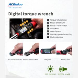 ACDelco ARM601-3 3/8” (3.7 to 37 ft-lbs.) Digital Torque Wrench with Buzzer and LED Flash Notification – ISO 6789 Standards with Certificate of Calibration