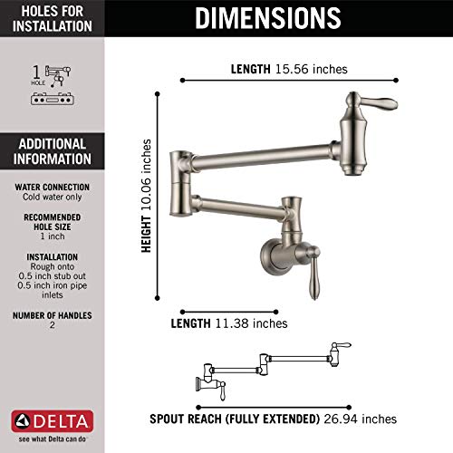 Delta Faucet Traditional Stainless Steel Pot Filler Faucet Brushed Nickel, Delta Pot Filler, Farmhouse Pot Filler Faucet Wall Mount, Potfiller, Brass Construction, Stainless 1177LF-SS