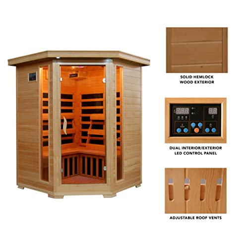 Blue Wave 3-Person Hemlock Corner Infrared Sauna w/ 7 Carbon Heaters,Brown