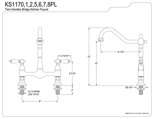 Kingston Brass KS1178PL Heritage 8-Inch Kitchen Faucet Without Sprayer, Brushed Nickel