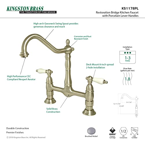 Kingston Brass KS1178PL Heritage 8-Inch Kitchen Faucet Without Sprayer, Brushed Nickel