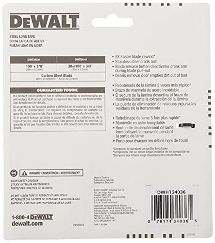 DEWALT Tape Measure, 100-Foot, Self-Lock, Solid Chrome Finish, Rubber Grip (DWHT34036L)