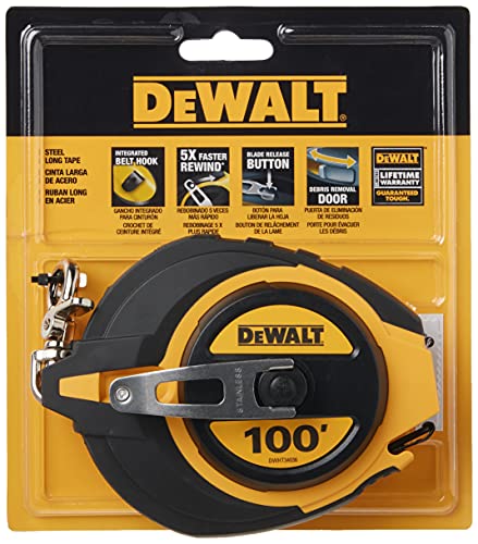 DEWALT Tape Measure, 100-Foot, Self-Lock, Solid Chrome Finish, Rubber Grip (DWHT34036L)