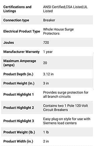 QSA2020SPDP, SIEMENS, 40892280784, SURGE (2)20A 1P 120V BREAKERS AND SPD