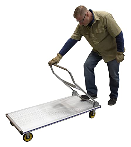 Vestil AFT-48-NM Aluminum Folding Platform Truck with Single Handle and 5" Non-Marking Polyurethane Casters, 600 lbs Capacity, 48" Length x 24" Width x 8-3/8" Height