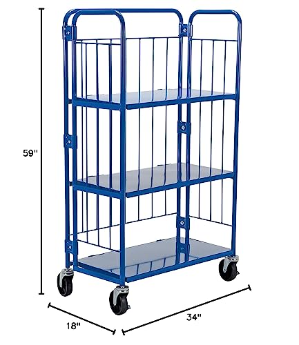 Vestil - ROL-1834-3 ROL Steel Wire Cage Cart, 3 Shelves, Blue, 990 lbs Load Capacity, 59" Height, 34" Length X 18" Width