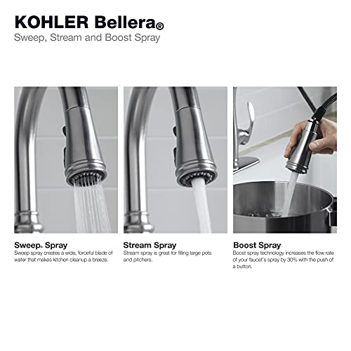 KOHLER Bellera Pull Down Kitchen Faucet, Kitchen Sink Faucet with Pull Down Sprayer, 3-Spray Faucet, Vibrant Stainless, K-560-VS