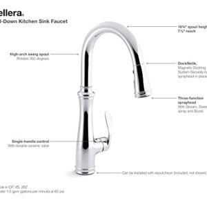 KOHLER Bellera Pull Down Kitchen Faucet, Kitchen Sink Faucet with Pull Down Sprayer, 3-Spray Faucet, Vibrant Stainless, K-560-VS