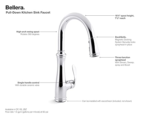 KOHLER Bellera Pull Down Kitchen Faucet, Kitchen Sink Faucet with Pull Down Sprayer, 3-Spray Faucet, Vibrant Stainless, K-560-VS