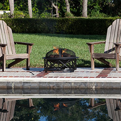 Fire Sense 60904 Fire Pit Portsmouth Decorative Powder Coated Steel Base Wood Burning Portable Outdoor Firepit Backyard Fireplace Included Vinyl Cover & Screen Lift Tool - Black - 30"