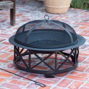 Fire Sense 60904 Fire Pit Portsmouth Decorative Powder Coated Steel Base Wood Burning Portable Outdoor Firepit Backyard Fireplace Included Vinyl Cover & Screen Lift Tool - Black - 30"