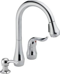 peerless p188102lf-sd apex single handle kitchen pull-down with soap dispenser, chrome