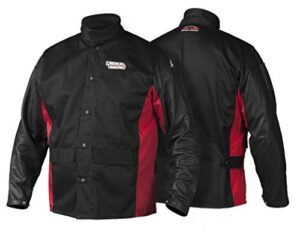 lincoln electric grain leather sleeved welding jacket | premium flame resistant cotton body | black & red | large | k2987-l