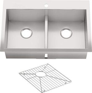 kohler vault 33" double-bowl 18-gauge stainless steel kitchen sink with smart divide with single faucet hole k-3838-1-na drop-in or undermount installation, 9 inch bowl