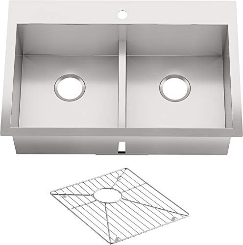 KOHLER Vault 33" Double-Bowl 18-Gauge Stainless Steel Kitchen Sink with Smart Divide with Single Faucet Hole K-3838-1-NA Drop-in or Undermount Installation, 9 Inch Bowl