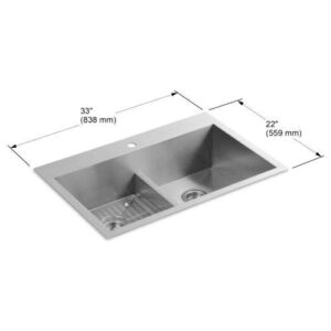 KOHLER Vault 33" Double-Bowl 18-Gauge Stainless Steel Kitchen Sink with Smart Divide with Single Faucet Hole K-3838-1-NA Drop-in or Undermount Installation, 9 Inch Bowl