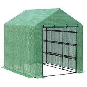 outsunny 8' x 6' x 7' portable greenhouse 4-tier walk in greenhouse with roll up zipper door for flower herb vegetable