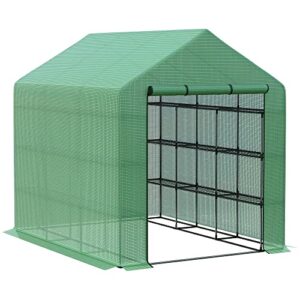 Outsunny 8' x 6' x 7' Portable Greenhouse 4-Tier Walk in Greenhouse with Roll Up Zipper Door for Flower Herb Vegetable