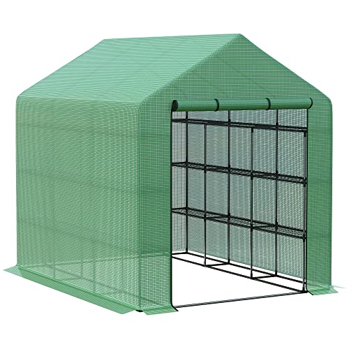 Outsunny 8' x 6' x 7' Portable Greenhouse 4-Tier Walk in Greenhouse with Roll Up Zipper Door for Flower Herb Vegetable