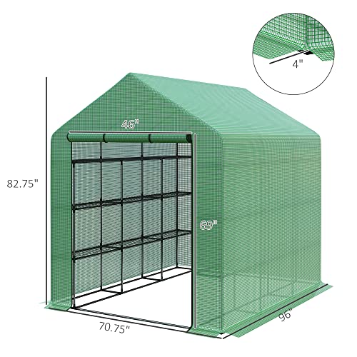 Outsunny 8' x 6' x 7' Portable Greenhouse 4-Tier Walk in Greenhouse with Roll Up Zipper Door for Flower Herb Vegetable