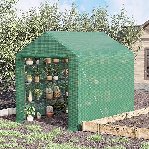 Outsunny 8' x 6' x 7' Portable Greenhouse 4-Tier Walk in Greenhouse with Roll Up Zipper Door for Flower Herb Vegetable