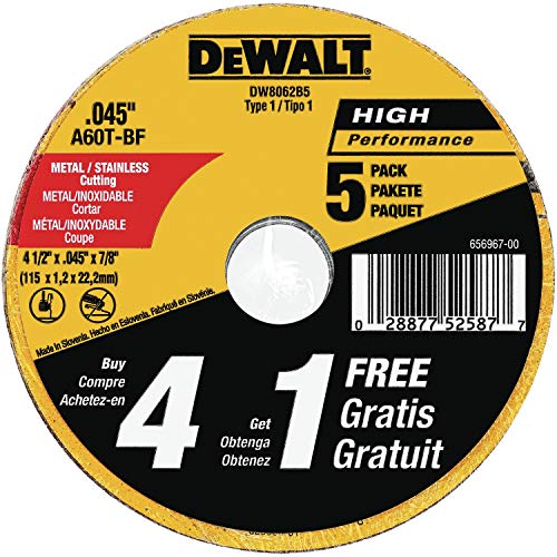 DEWALT Cutting Wheel, General Purpose Metal Cutting, 4-1/2-Inch, 5-Pack (DW8062B5), Multi