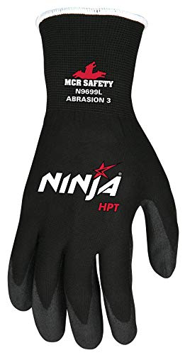 MCR Safety Ninja HPT N9699XL Work Gloves, 15 Gauge Nylon Shell, Hydropellent Technolgy(HPT) Water Repellent Coated Palm & Fingertips, X-Large, black