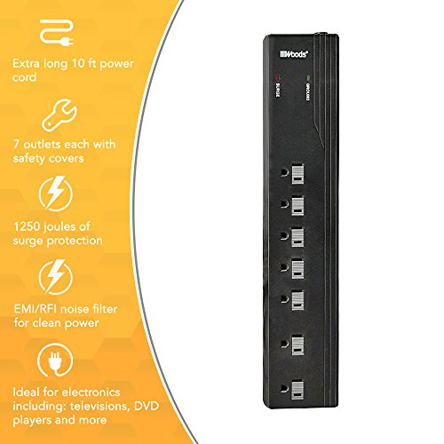 Woods 0416018811 7-Outlet Surge Protector Power Strip w/ 10-Foot Cord