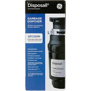 GE Continuous Feed Garbage Disposal, 1/2 Horsepower, Good for Grinding: Beans, Potatoes, Peels, & Cooked Meat, Easy Install Kit Included, Non-Corded, Recommended for 2-4 Person Homes Black