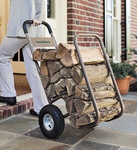 plow & hearth indoor outdoor rolling firewood log cart| wood rack and carrier with pneumatic wheels| heavy-duty| rolls up and down stairs| all-terrain| 20" w x 22" d x 42" h