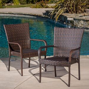 set of 2 stackable outdoor brown wicker dining chairs