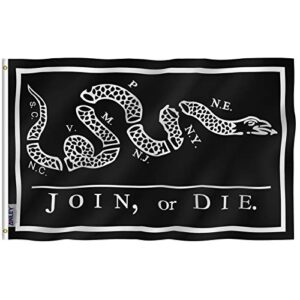 anley fly breeze 3x5 foot black join or die flag - vivid color and fade proof - canvas header and double stitched - rattlesnake flags polyester with brass grommets
