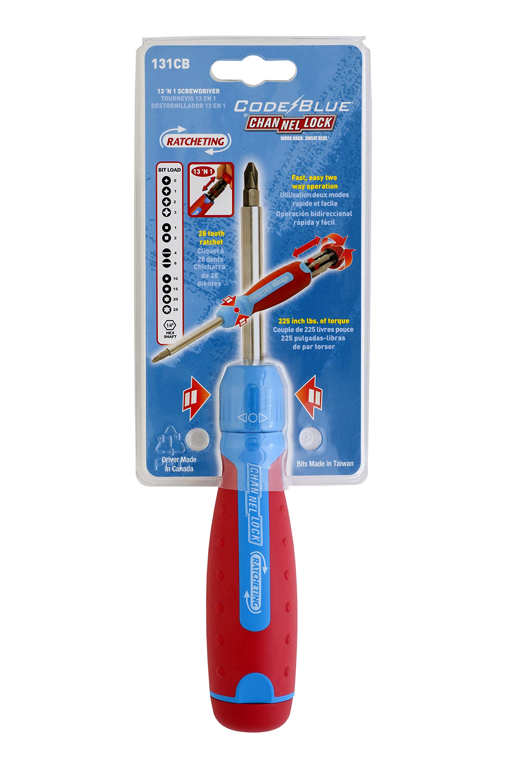 Channellock 131CB 13-in-1 Ratcheting Screwdriver | Multi-Bit Storage | 1/4-Inch Nut Driver | Quick-Load Handle with Cushion Grip | 28-Tooth Ratchet Mechanism Provides up to 225 lbs. of Torque , Red