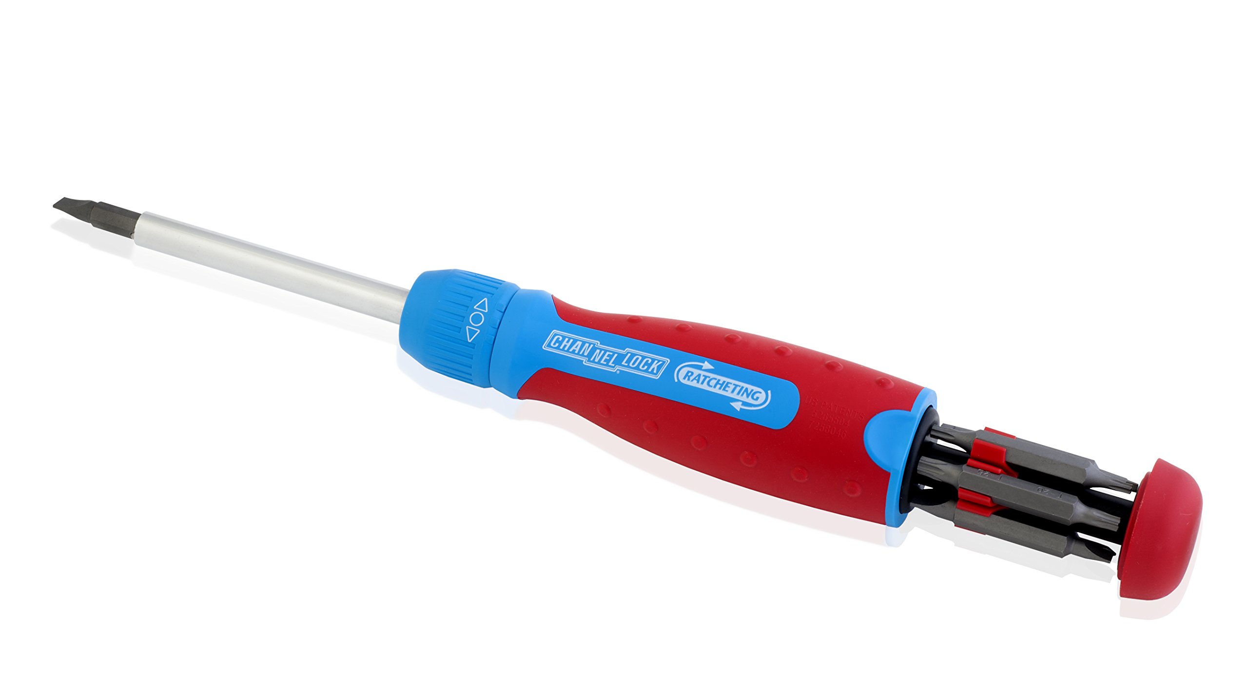 Channellock 131CB 13-in-1 Ratcheting Screwdriver | Multi-Bit Storage | 1/4-Inch Nut Driver | Quick-Load Handle with Cushion Grip | 28-Tooth Ratchet Mechanism Provides up to 225 lbs. of Torque , Red