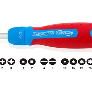 Channellock 131CB 13-in-1 Ratcheting Screwdriver | Multi-Bit Storage | 1/4-Inch Nut Driver | Quick-Load Handle with Cushion Grip | 28-Tooth Ratchet Mechanism Provides up to 225 lbs. of Torque , Red