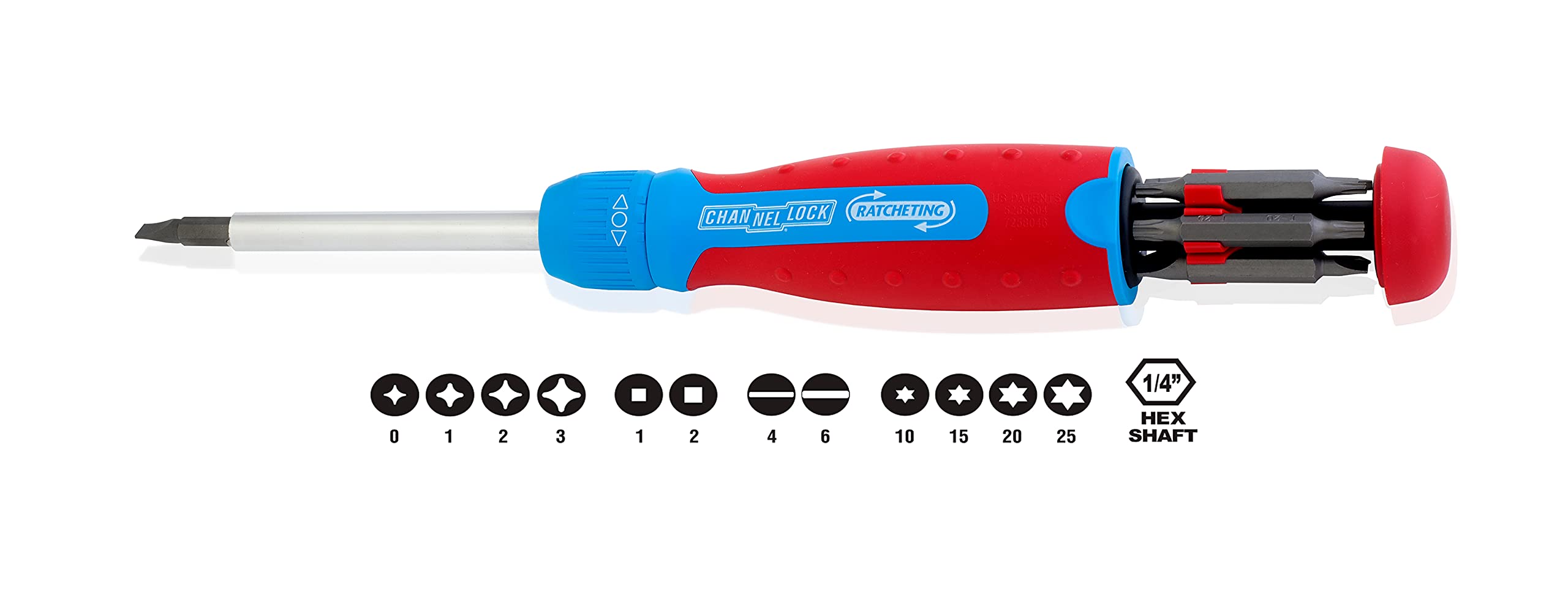 Channellock 131CB 13-in-1 Ratcheting Screwdriver | Multi-Bit Storage | 1/4-Inch Nut Driver | Quick-Load Handle with Cushion Grip | 28-Tooth Ratchet Mechanism Provides up to 225 lbs. of Torque , Red