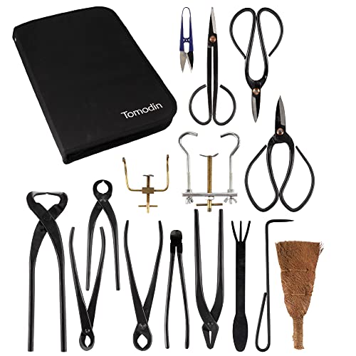 BambooMN 15 Piece Bonsai Master Tools Set with Case, Shears, Concave Cutter, Knob Cutter, Wire Cutter, Bonsai Trimming, Branch Bending, Beginner Friendly - 1 Set