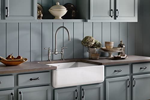 KOHLER K-6487-0 Whitehaven Farmhouse Self-Trimming 29-11/16" x 21-9/16" x 9-5/8" Front Undermount Single-Bowl Kitchen Sink with Tall Apron, 30 Inch, White